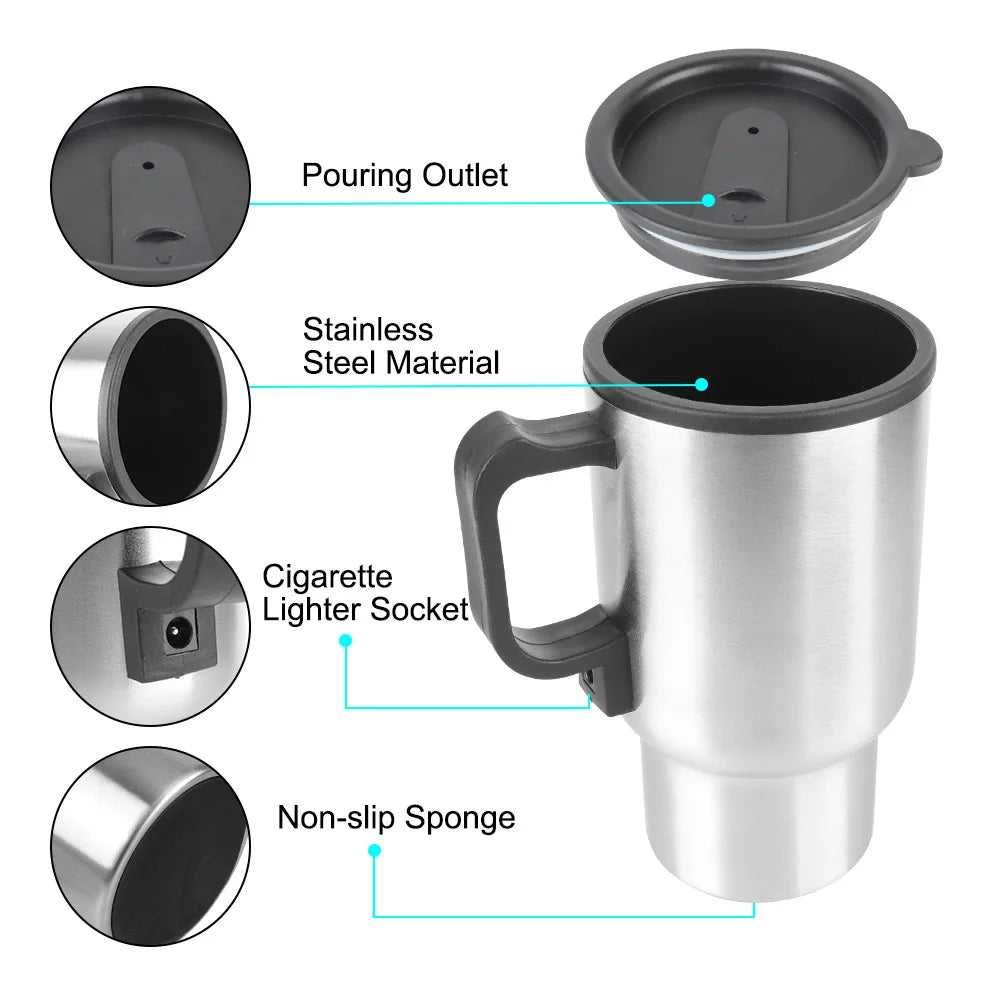 CowLost | stainless-steel-vehicle-heating-cup-12v-450ml-water-coffee-milk-thermal-mug-camping-travel-kettle-electric-heating-car-kettle |5