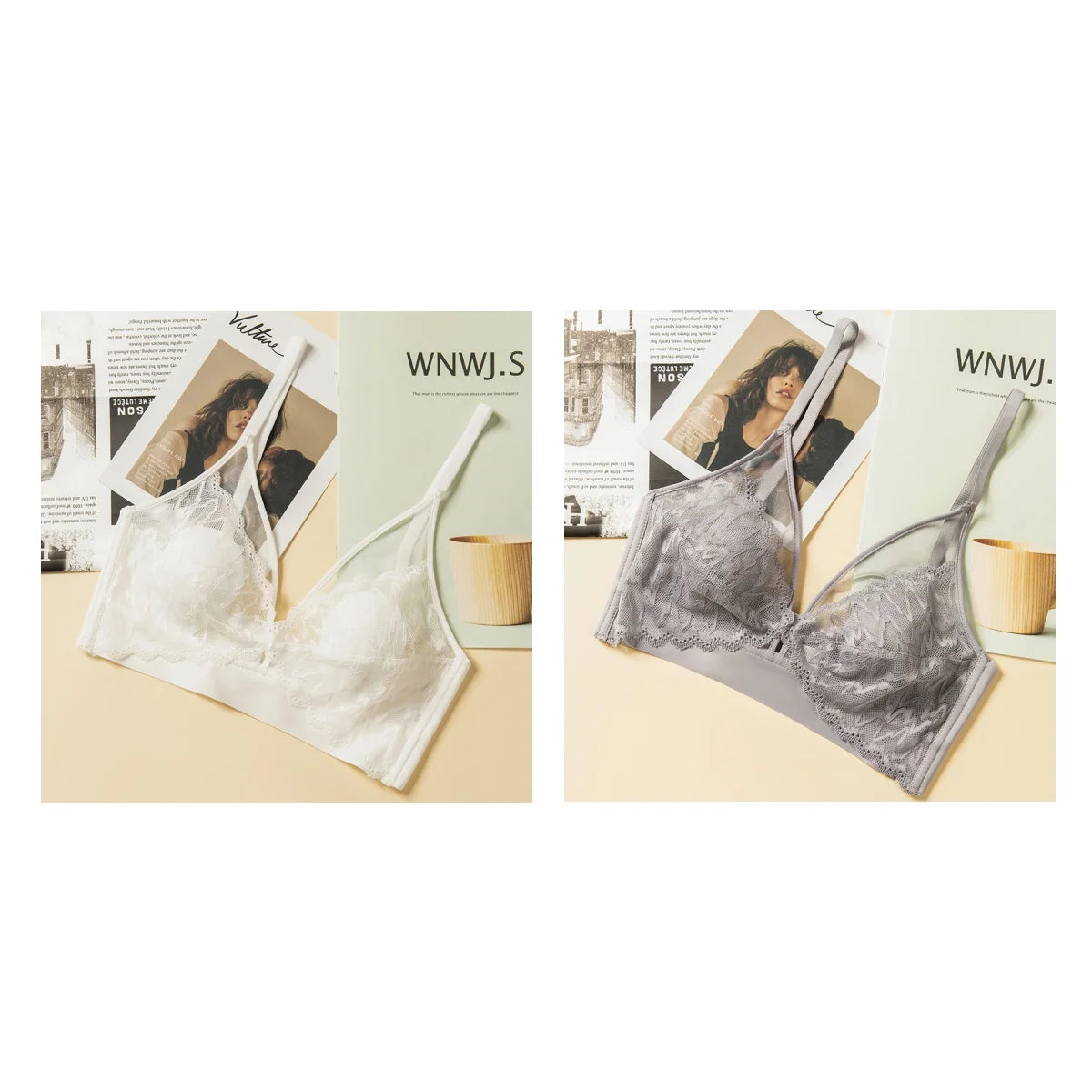 CowLost | product_id-2pcs-wireless-lace-push-up-v-neck-seamless-3-4-cup-bralette-set-for-women |13