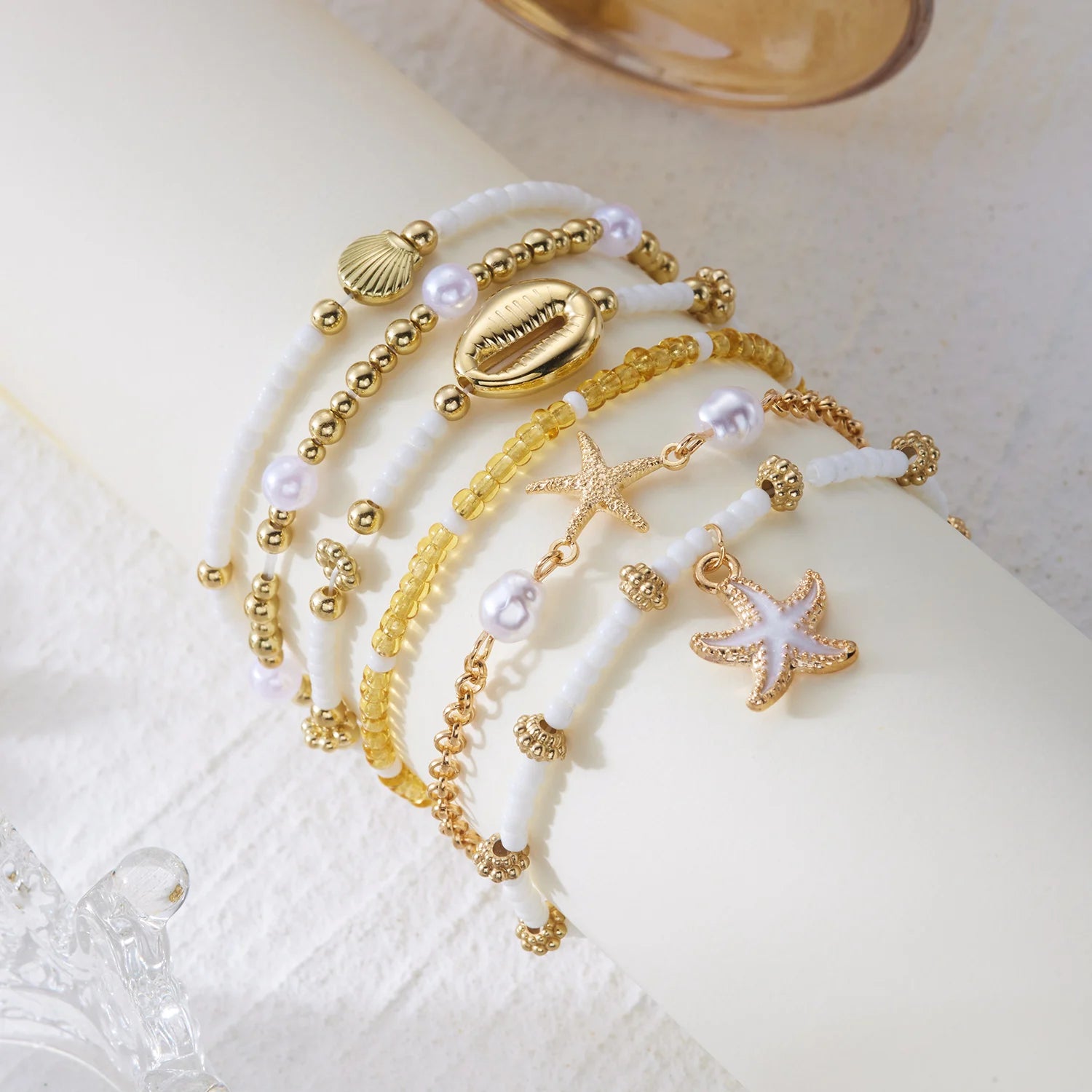 CowLost | 6-pcs-bohemian-shell-starfish-beaded-bracelet-set-for-women-fashion-multilayer-stacked-bracelets-summer-beach-party-jewelry-gift |4