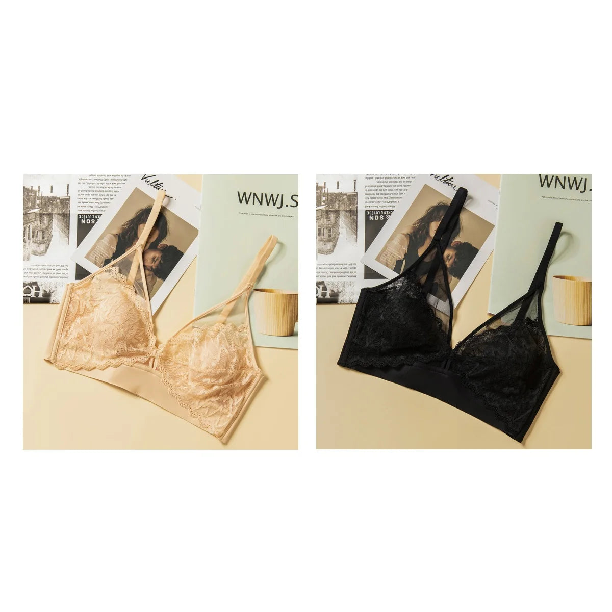 CowLost | product_id-2pcs-wireless-lace-push-up-v-neck-seamless-3-4-cup-bralette-set-for-women |11