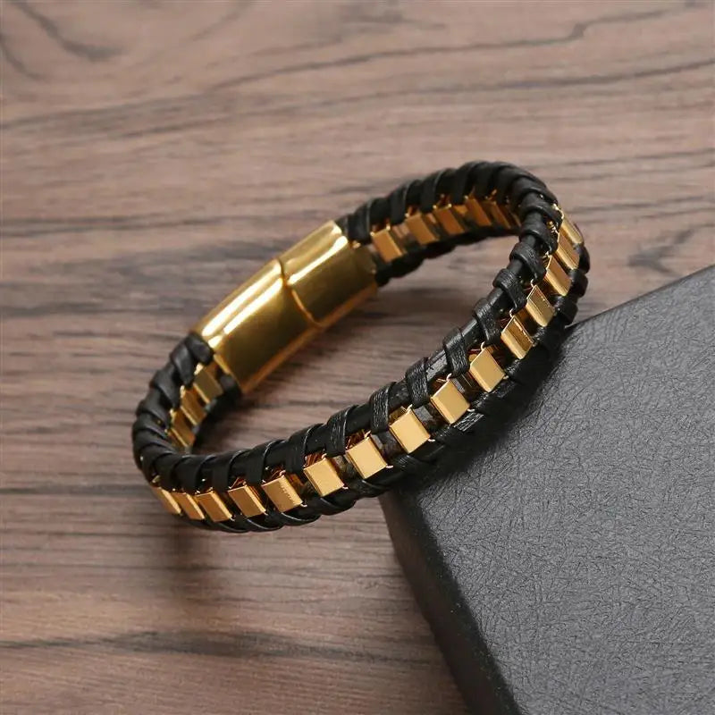 CowLost | badge-pass-holders-mens-classic-hand-woven-stainless-steel-leather-braided-bracelet |4