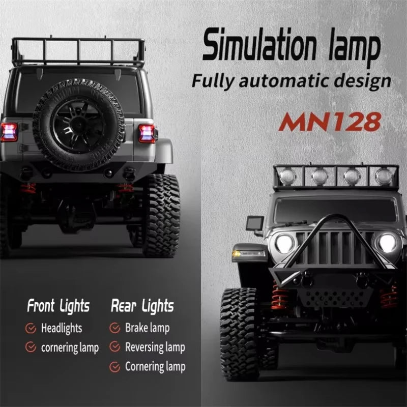 CowLost | fencing-barriers-mn128-1-12-4wd-rc-jeep-model-2-4g-remote-control-led-light-off-road-climbing-truck-electric-toy-car-gift-for-boy |10
