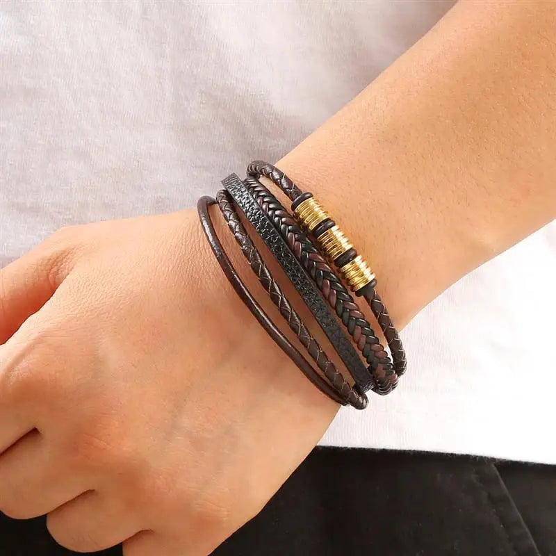 CowLost | punk-men-leather-bracelet-with-stainless-steel-magnetic-clasp-braided-mutilayer |28