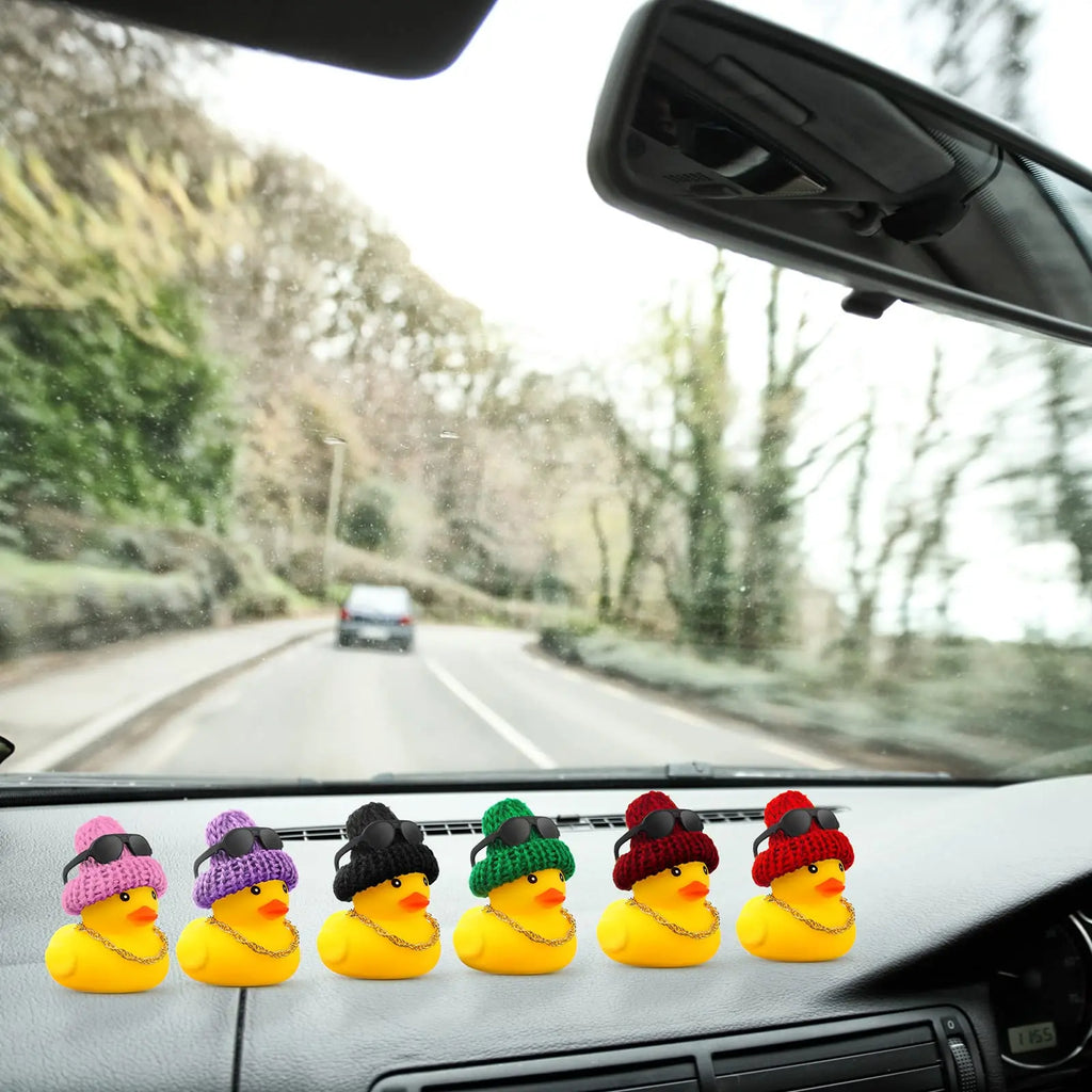 CowLost | product_id-6-12-36pcs-yellow-rubber-duck-car-dashboard-decorations-with-mini-hat-necklace-and-sunglasses |5