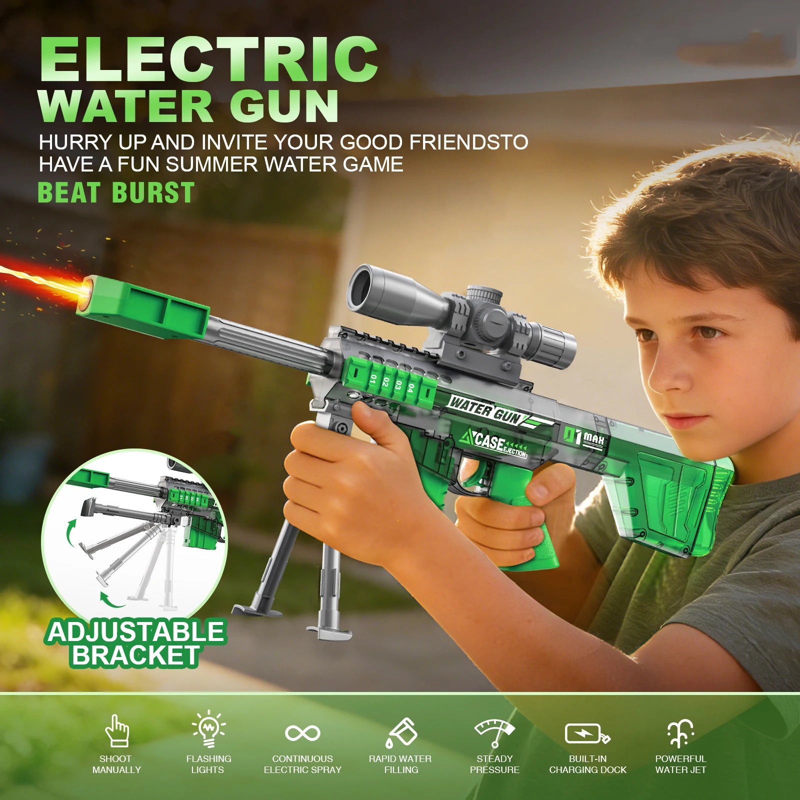 Electric Water Gun Toy Manual & Automatic with Lights, Sound, Long Range Water Squirt Gun for Beach and Pool