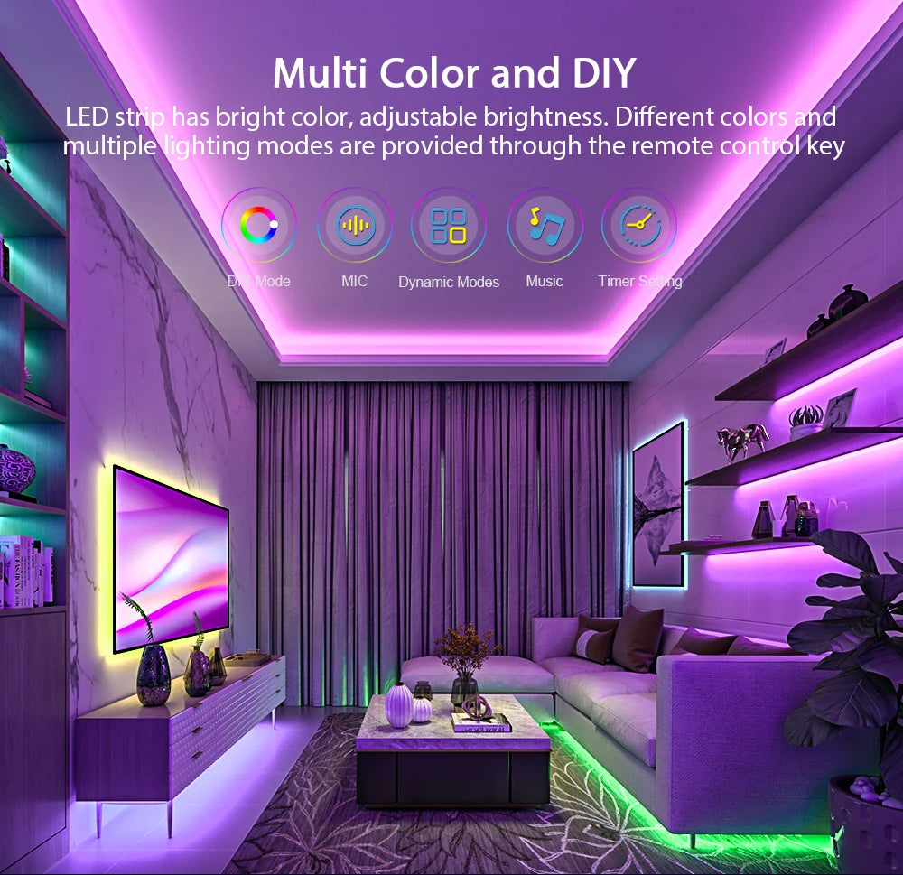 Mexllex RGB LED Strip Light 30M/20M/15M Flexible Tape DC 24V/12V APP & Remote Music Sync