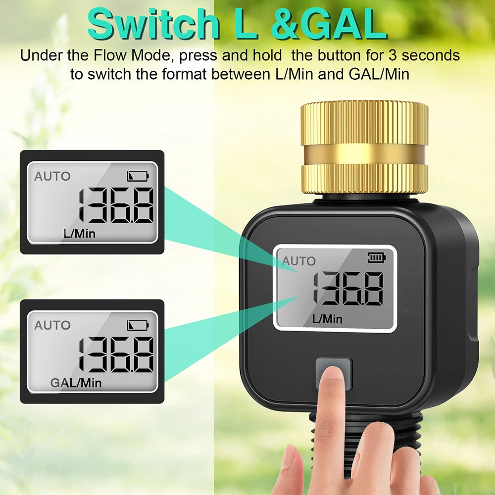 Waterproof 3/4" LCD Water Flow Meter for Irrigation Faucet Hose Sprinkler Outdoor Use