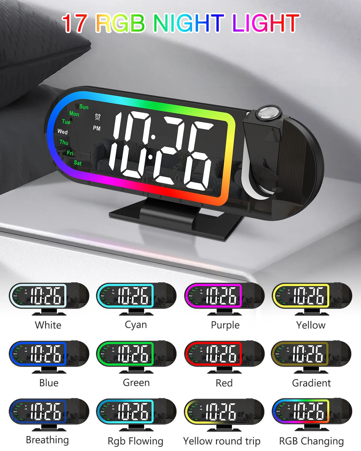 ORIA LED Projection Alarm Clock 8.5" Large Screen Digital Time, Date, Snooze, 17-Color Ambient Light