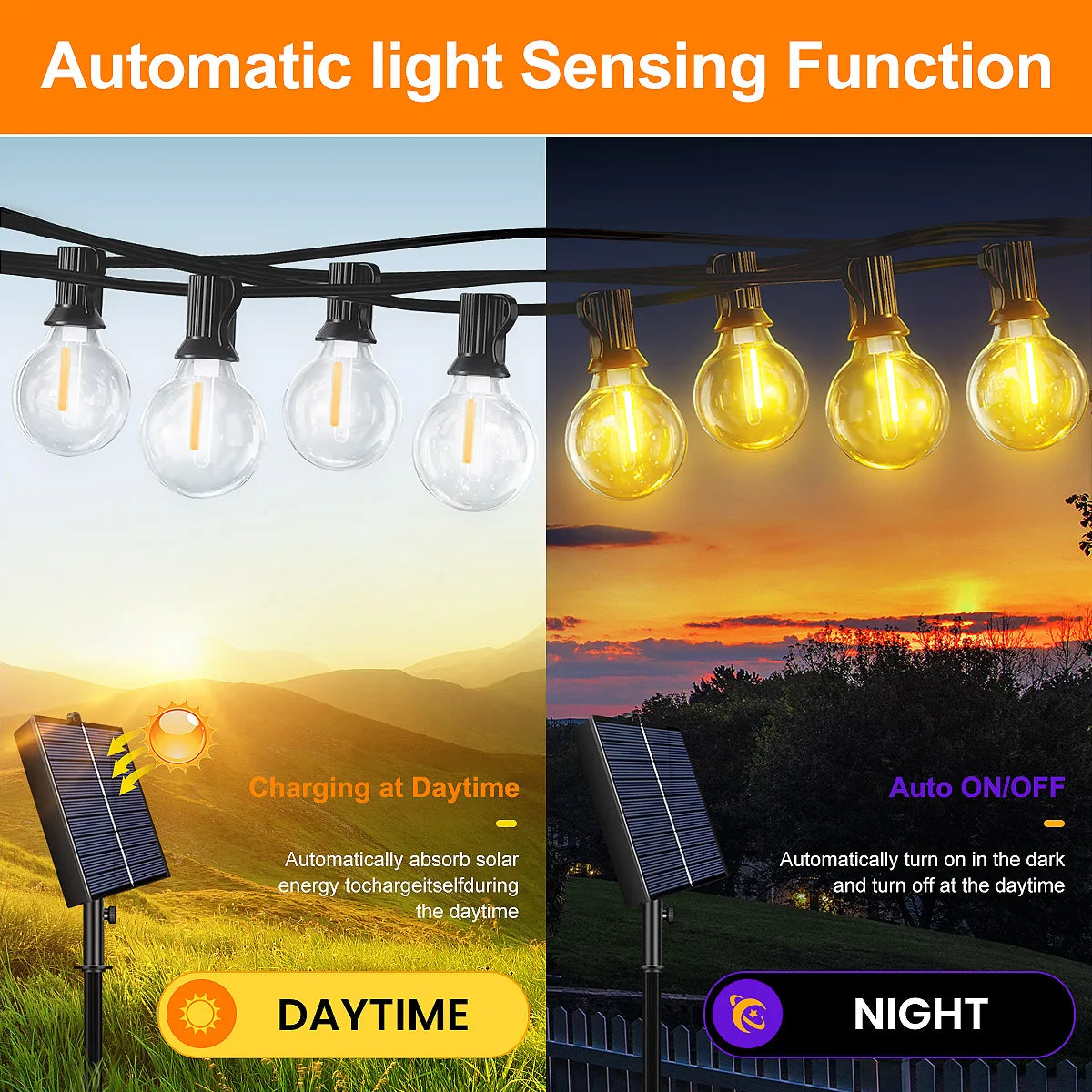 G40 LED Solar String Lights with Remote, 8 Modes, USB Charge, Waterproof for Outdoor Balcony Wedding