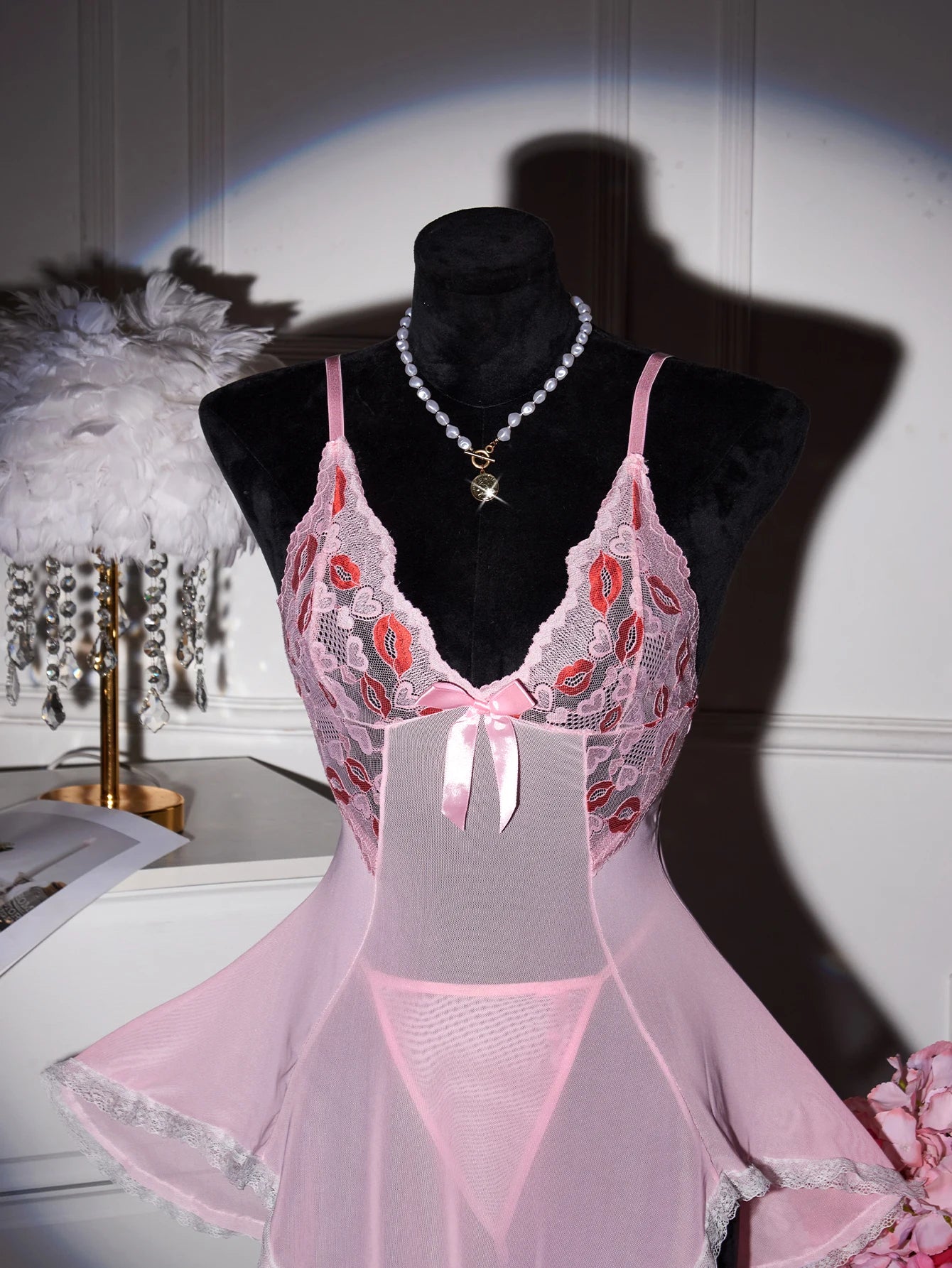 CowLost | pink-transparent-ultra-thin-hot-nightgown-womens-pajamas-with-thongs-lace |5