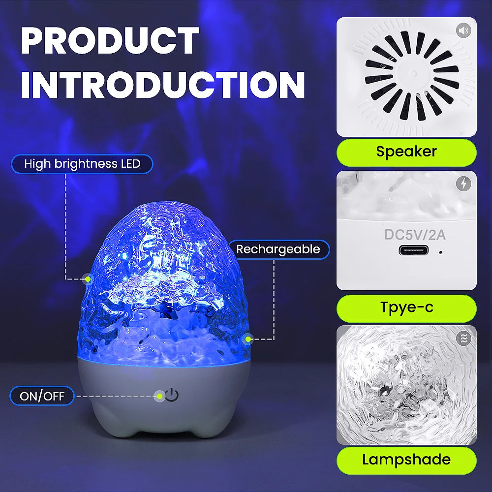 Aurora & Ocean Wave Projector Lamp with Remote, Music Speaker, RGB Effects, Rechargeable Night Light Gift