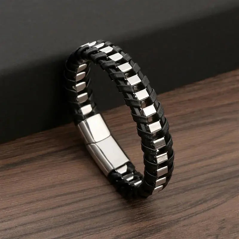 CowLost | jiayiqi-punk-men-jewelry-black-braided-leather-bracelet-stainless-steel-magnetic-clasp |6