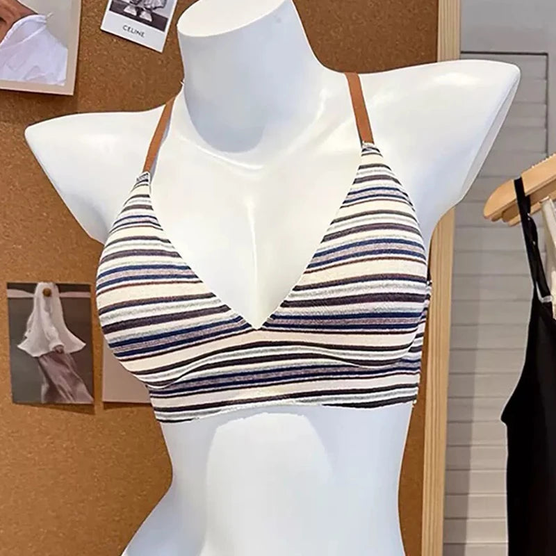 CowLost | retro-striped-cross-beautiful-back-seamless-womens-underwear-sexy-hot-girl-vacation-small-breast-push-up-bra |2