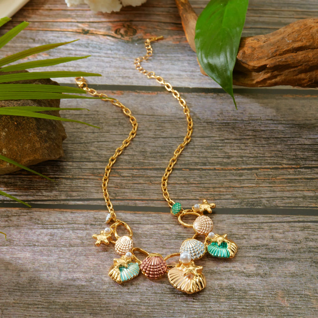 CowLost | boho-starfish-shell-coral-pearl-pendant-necklace-for-women-shiny-crystal-zircon-dripping-oil-beach-clavicle-choker-charm-jewelry |4