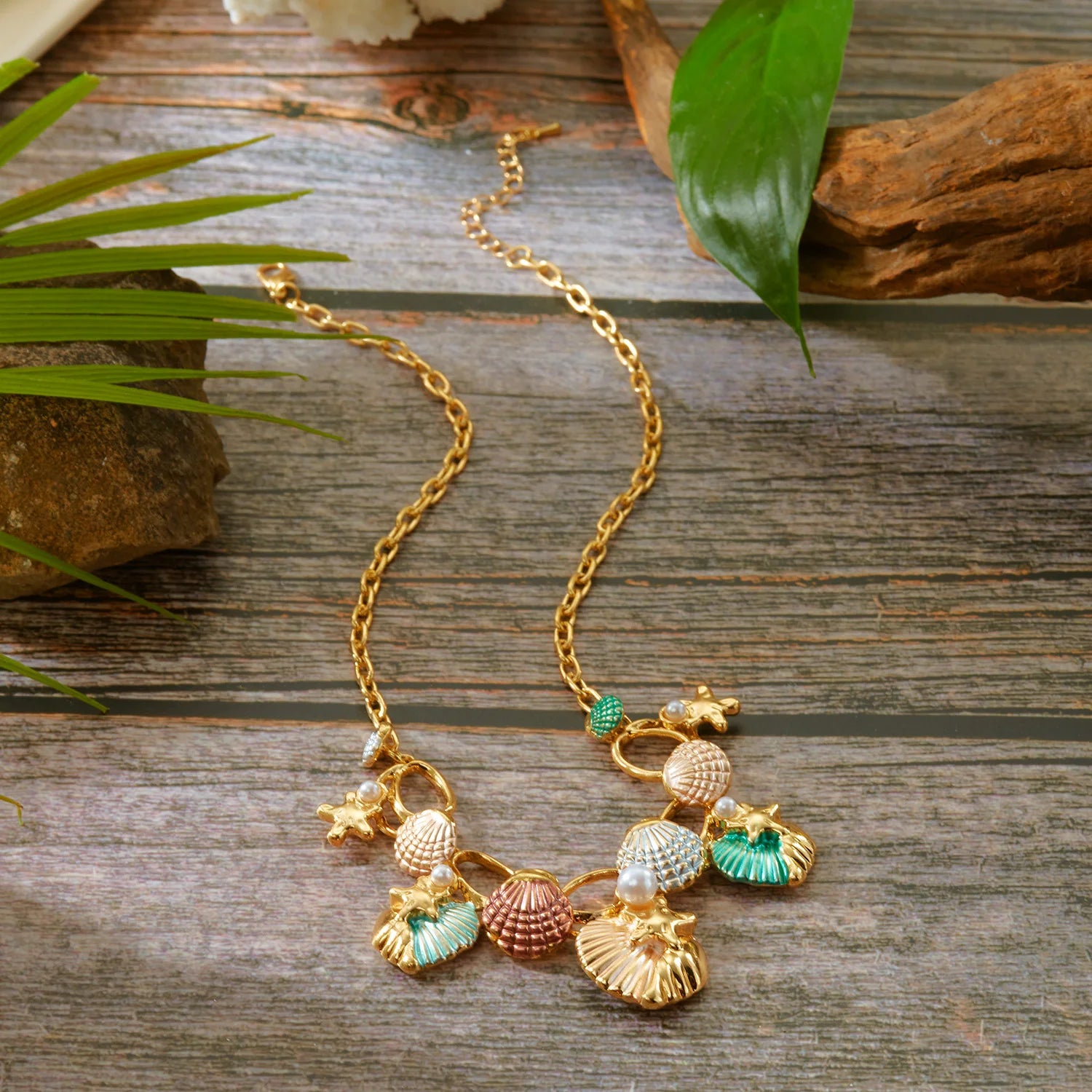 CowLost | boho-starfish-shell-coral-pearl-pendant-necklace-for-women-shiny-crystal-zircon-dripping-oil-beach-clavicle-choker-charm-jewelry |4