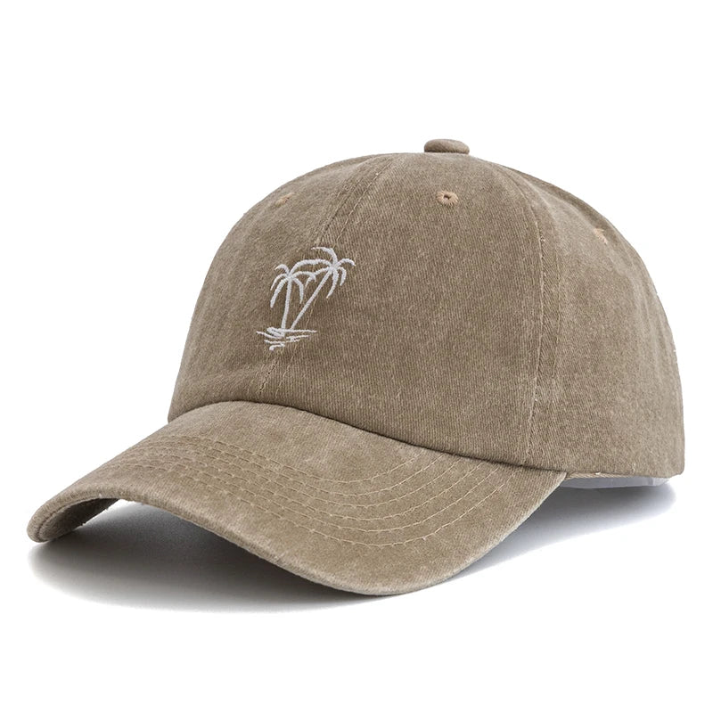 CowLost | unisex-washed-cotton-cap-coconut-tree-embroidery-vintage-baseball-cap |13
