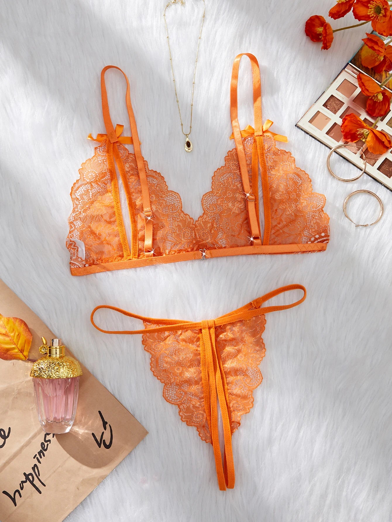 CowLost | orange-lace-contrast-sexy-lingerie-for-women-open-chest-bra-thongs-sets |8