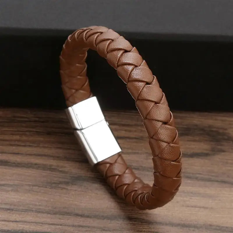 CowLost | badge-pass-holders-classic-mens-braided-leather-bracelet-with-magnetic-clasp |31
