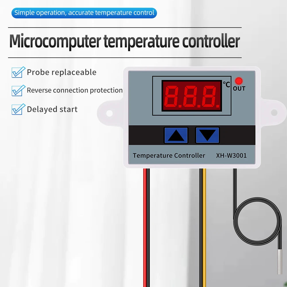 XH-W3001 Digital LED Temperature Controller Thermostat with NTC Sensor and Probe 220V for Incubator Cooling Heating