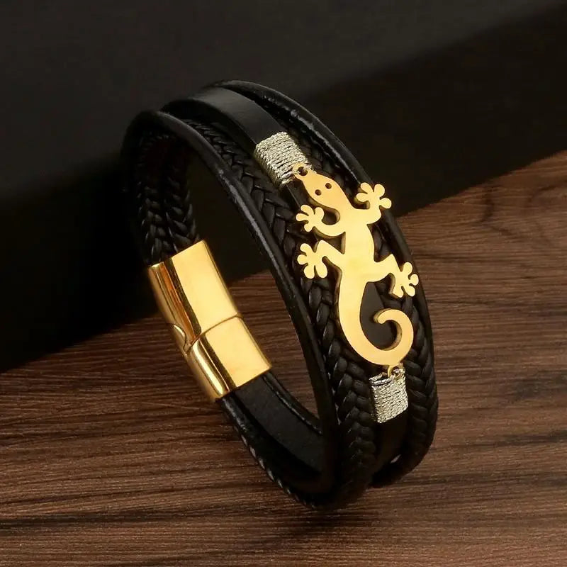 CowLost | jiayiqi-trendy-leather-cord-men-bracelet-metal-animal-gecko-pattern-bracelet |16