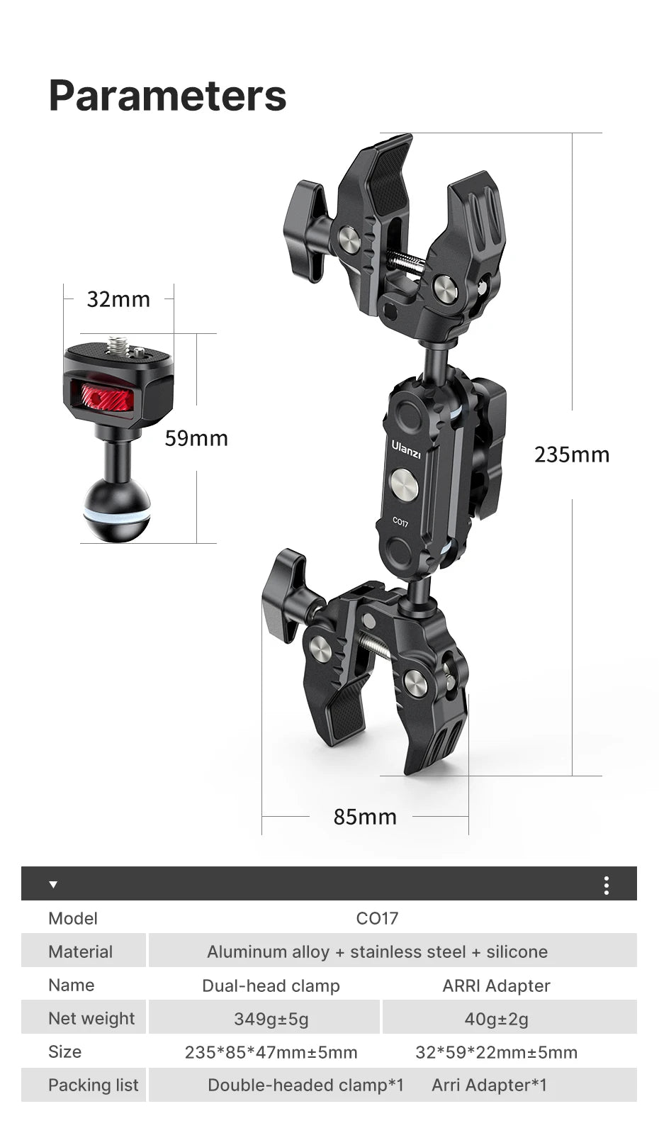 CowLost | ulanzi-co17-pea-pods-dule-head-super-clamp-for-go-pro-11-10-9-8-7-6-insta360-super-clamp-magic-arm-travel |14