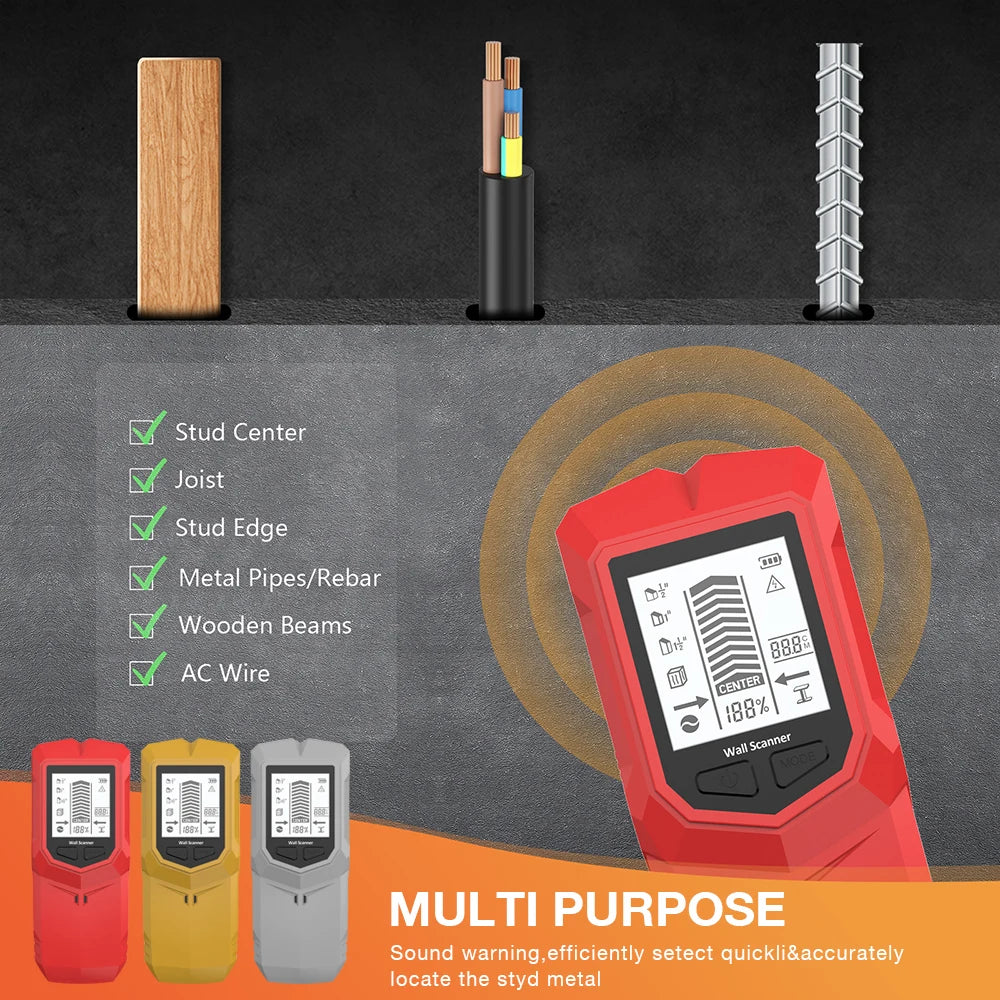 HW-910 Handheld 6-in-1 Wall Metal Detector Stud AC Wire Pipe Wooden Beam Finder with LCD Display