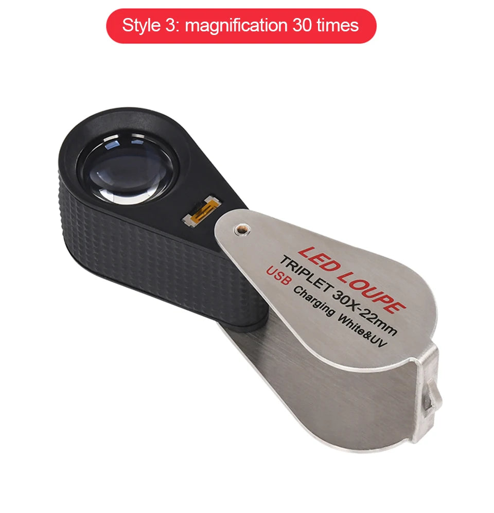 CowLost | 10x-20x-30x-40x-magnifier-loupe-with-dual-light-white-uv-led-illuminated-magnifier-jewelry-diamond-gemstone-eye-glass-for-repair |11