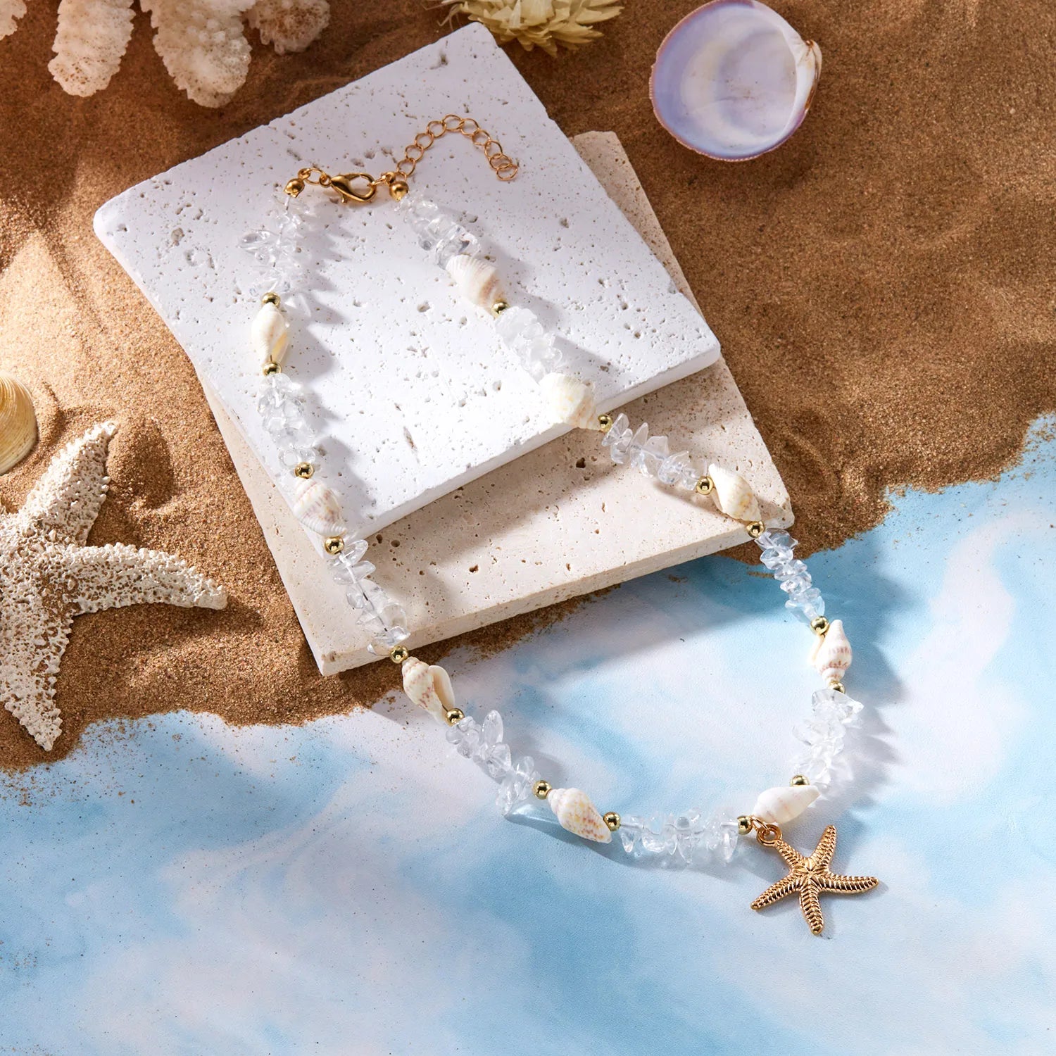 CowLost | bohemian-starfish-conch-pendant-necklaces-for-women-colorful-irregular-stone-choker-neck-chain-girls-summer-beach-party-jewelry |5