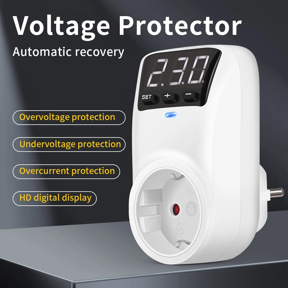 LCD Voltage Protector with LCD Display, Automatic Reset, Surge & Undervoltage Protection, EU/US Plug