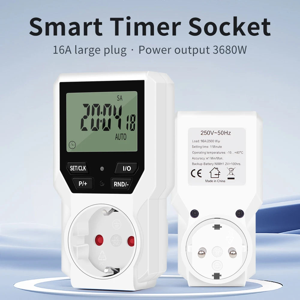 JUANJUAN Digital Programmable Timer Switch EU Plug LCD Display 10-Group Surge Protector 16A 3680W