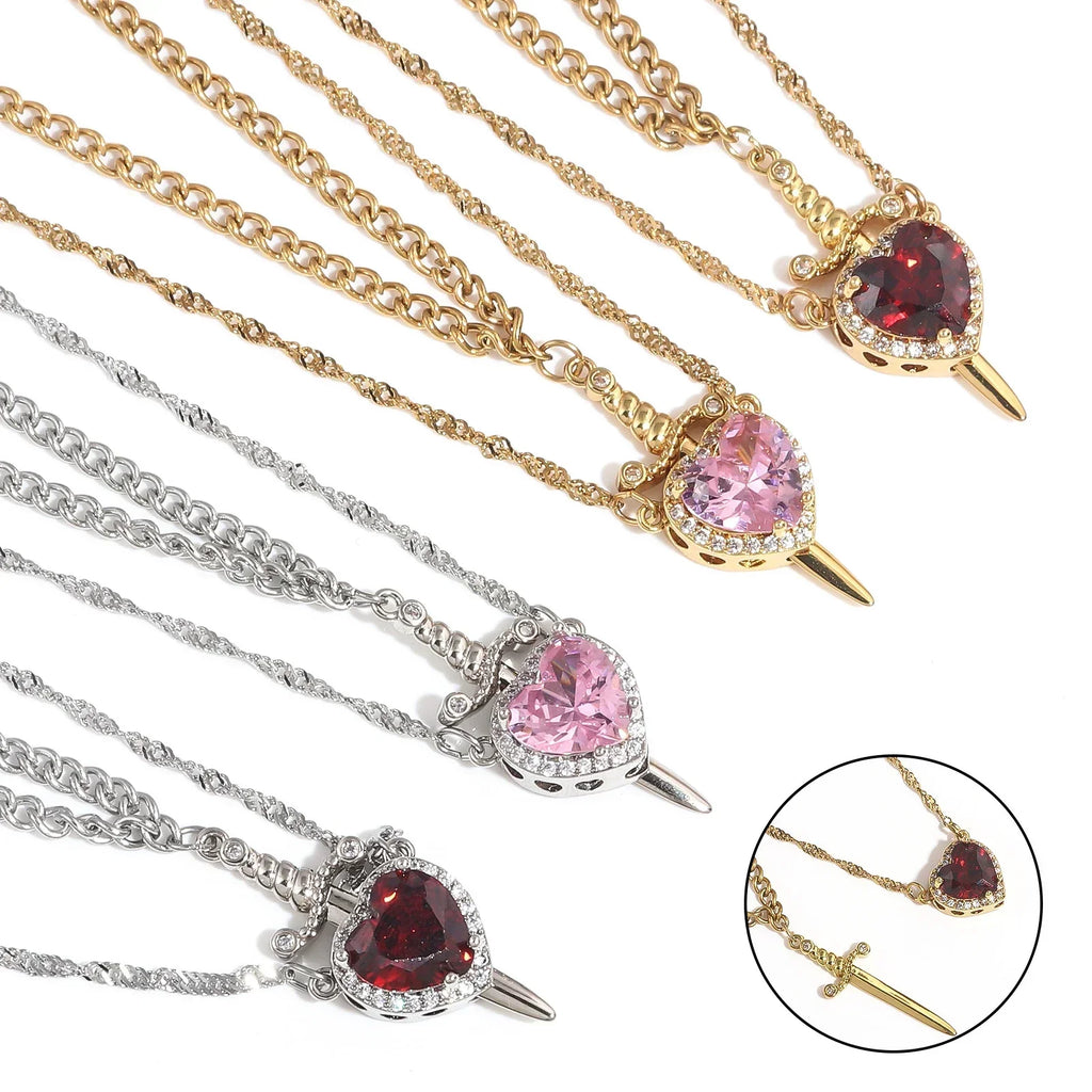 2pcs Heart and Sword Zircon Pendant Necklace for Couples Silver Gold Plated Choker
