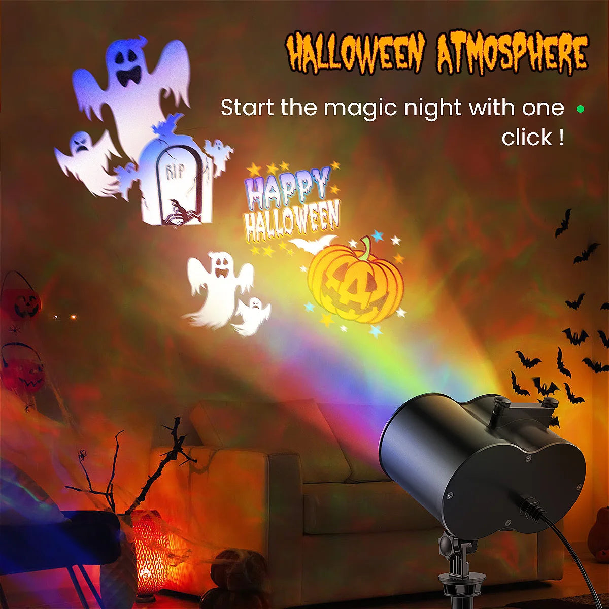 2-in-1 Halloween & Christmas Outdoor Projector Light with 12 HD Slides, Water Wave, Timer & Remote