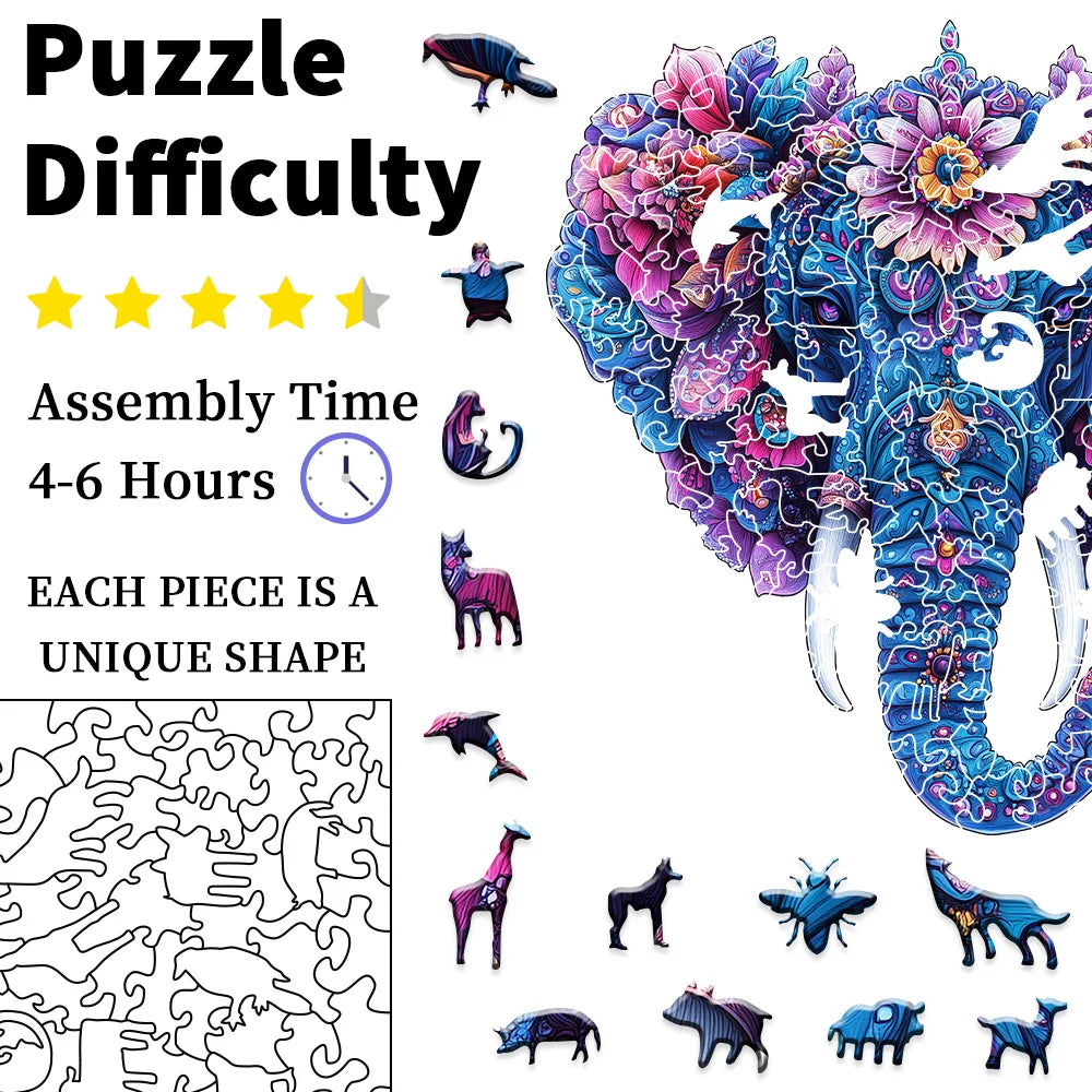 CowLost | product_id-floral-elephant-wooden-jigsaw-puzzle-with-unique-pieces |5