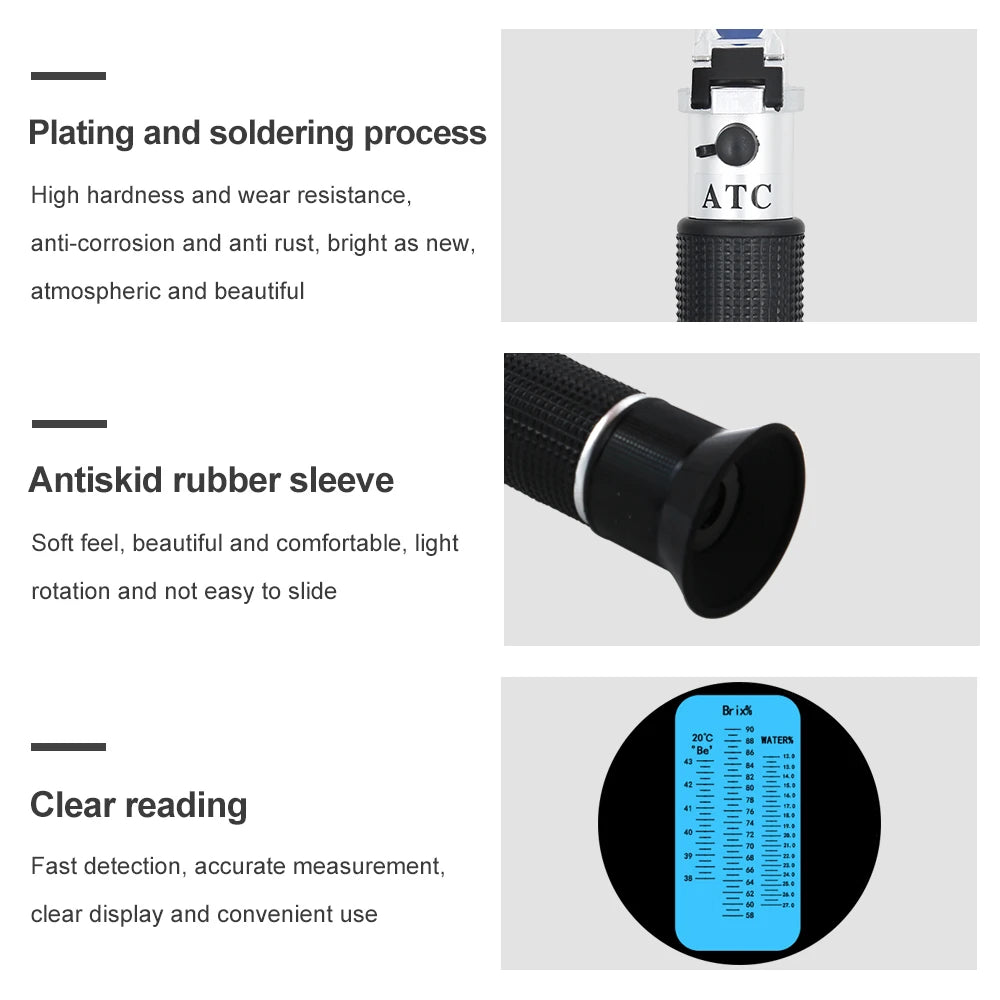 3-in-1 Portable Honey Tester Refractometer 58-90% Brix 38-43°Baume 12-27% Water Sugar Meter for Beekeepers