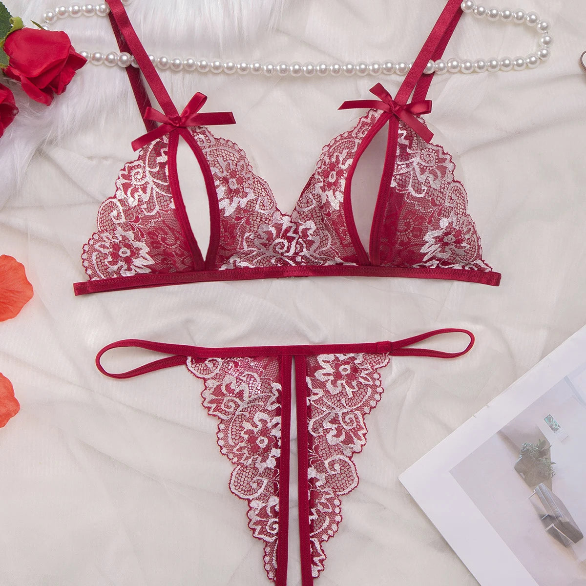 CowLost | floral-lace-sexy-lingerie-bow-open-split-cup-intimates-bra-and-thongs-sets |18