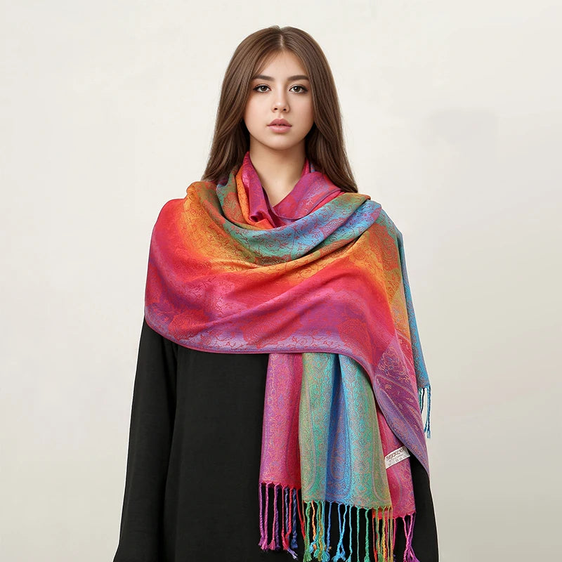 CowLost | rainbow-colors-winter-warm-thick-ethnic-style-jacquard-scarf |8