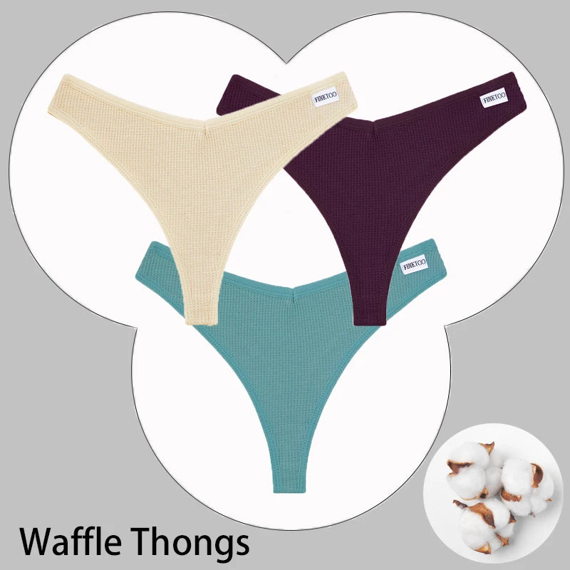 CowLost | activewear-pants-3pcs-cotton-waffle-women-s-sexy-thong-panties-set |58