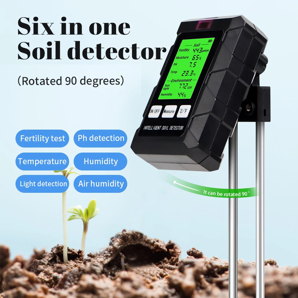 6-in-1 Soil Meter PH Moisture Fertility Temperature Humidity Light Tester for Garden