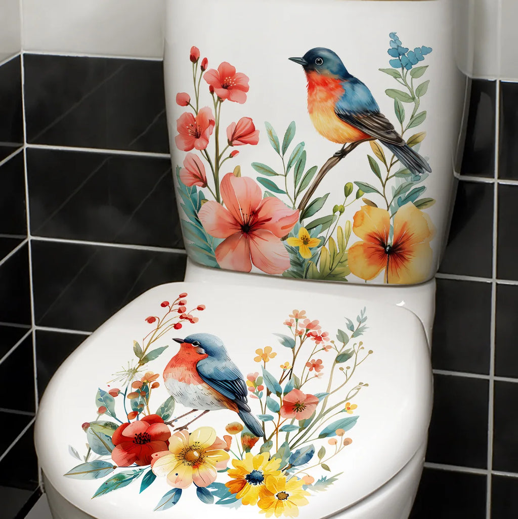 CowLost | 2pcs-diy-bathroom-sticker-bird-flower-design-for-bathroom |9