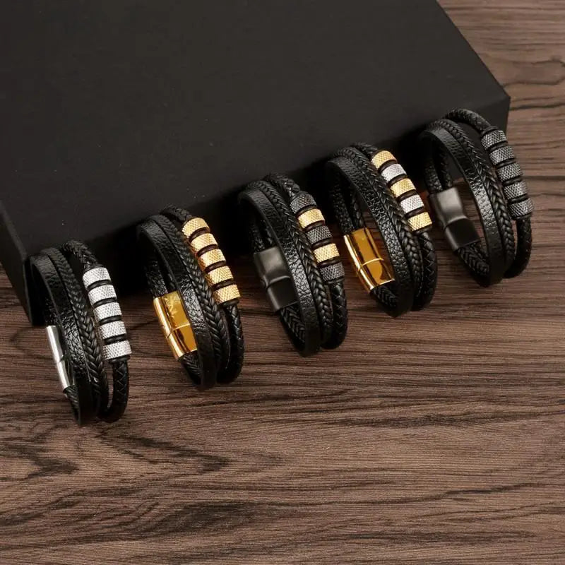 CowLost | punk-men-leather-bracelet-with-stainless-steel-magnetic-clasp-braided-mutilayer |33