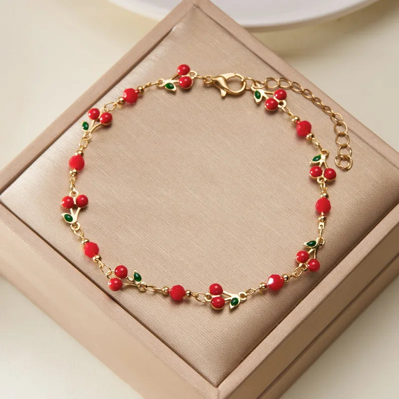 CowLost | charm-red-cherry-anklets-for-women-vintage-boho-zircon-love-heart-flower-foot-leg-ankle-chain-girls-beach-party-jewelry-gifts |11
