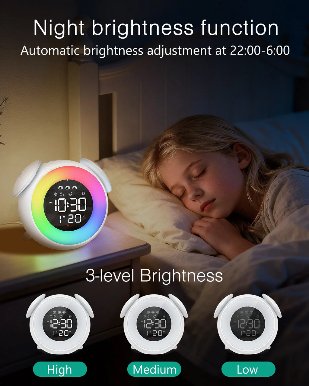 ORIA Kids Digital Alarm Clock with 9-Color Night Light and Dual Alarms for Toddlers