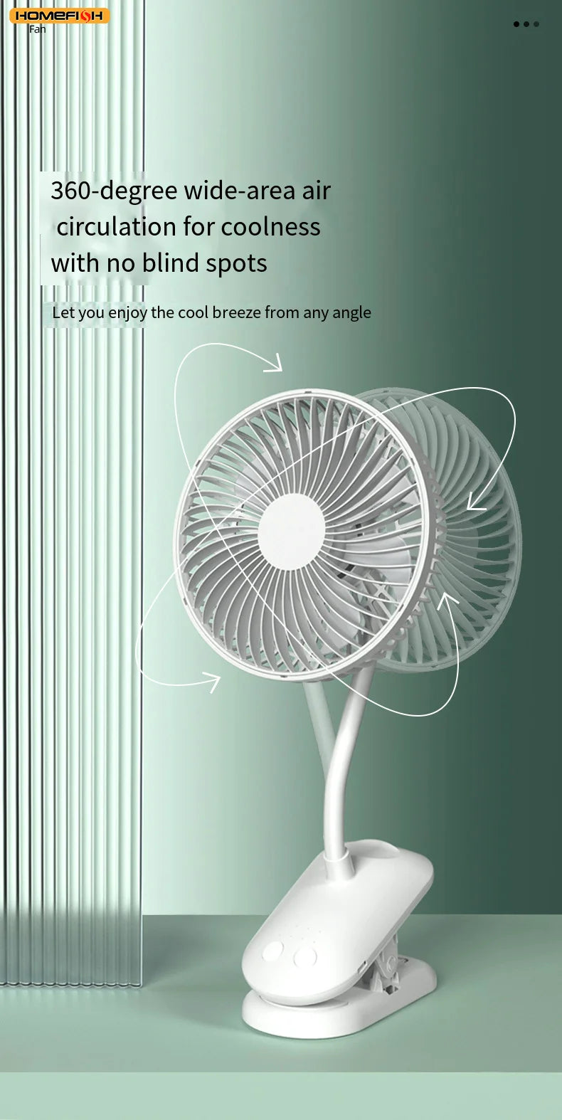 CowLost | product_id-homefish-3600mah-portable-clip-fan-4-gears-quiet-720-rotatable-battery-fan |8