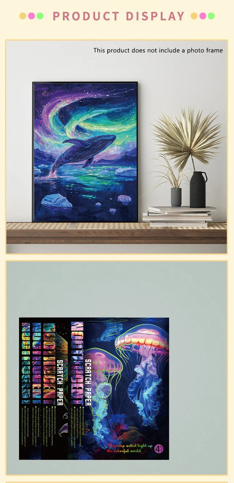 CowLost | product_id-4-piece-a4-diy-noctilucent-scratch-painting-set-sea-world-butterfly-peacock-whale-designs |7