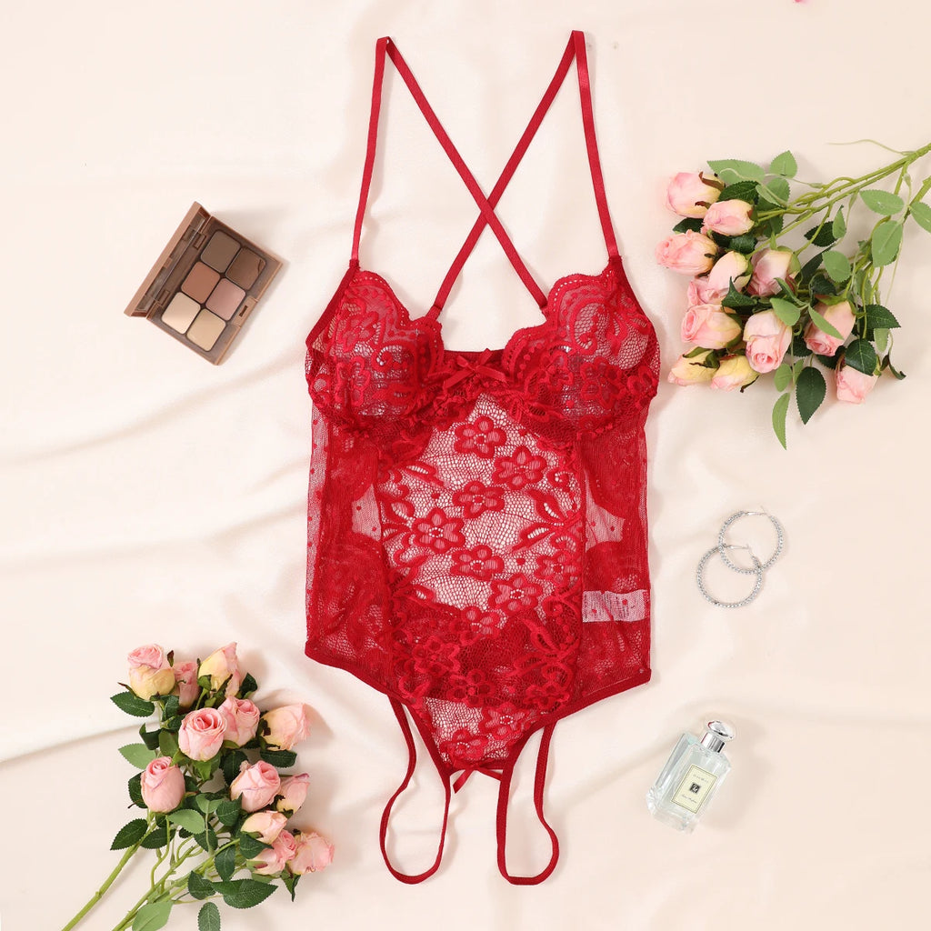 CowLost | red-crotchless-sexy-womens-underwear-lace-hollow-bow-backless-bodysuit |1