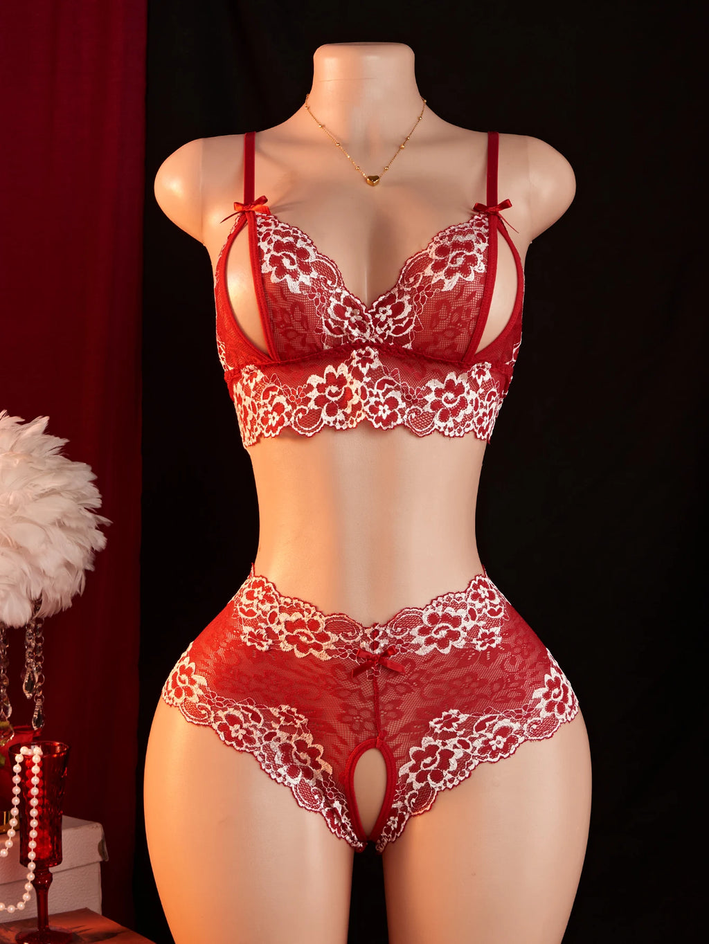 CowLost | contrast-color-lace-sexy-lingerie-semi-transparent-open-chest-bra-crotchless-pantt-sets |9