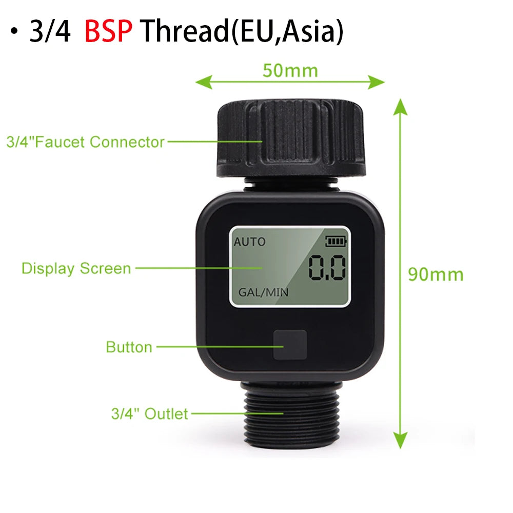 Waterproof 3/4" LCD Water Flow Meter for Irrigation Faucet Hose Sprinkler Outdoor Use