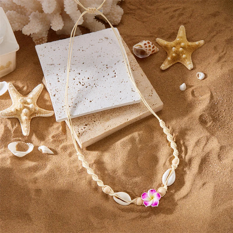 CowLost | bohemia-conch-beads-braided-necklaces-for-women-pink-green-cute-little-daisy-flower-choker-hand-woven-summer-beach-party-jewelry |10