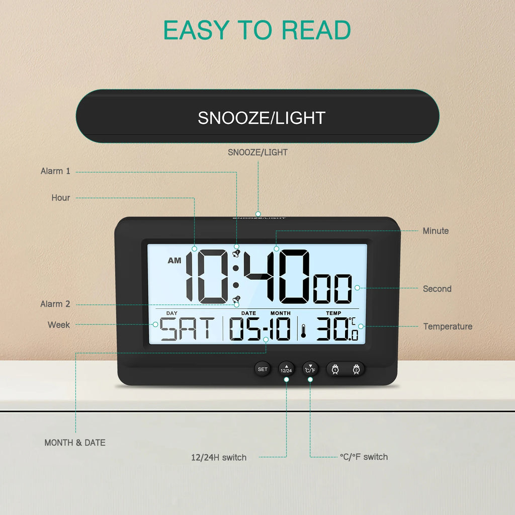 ORIA Digital Travel Alarm Clock with LCD, Dual Alarms & Calendar for Bedroom Office