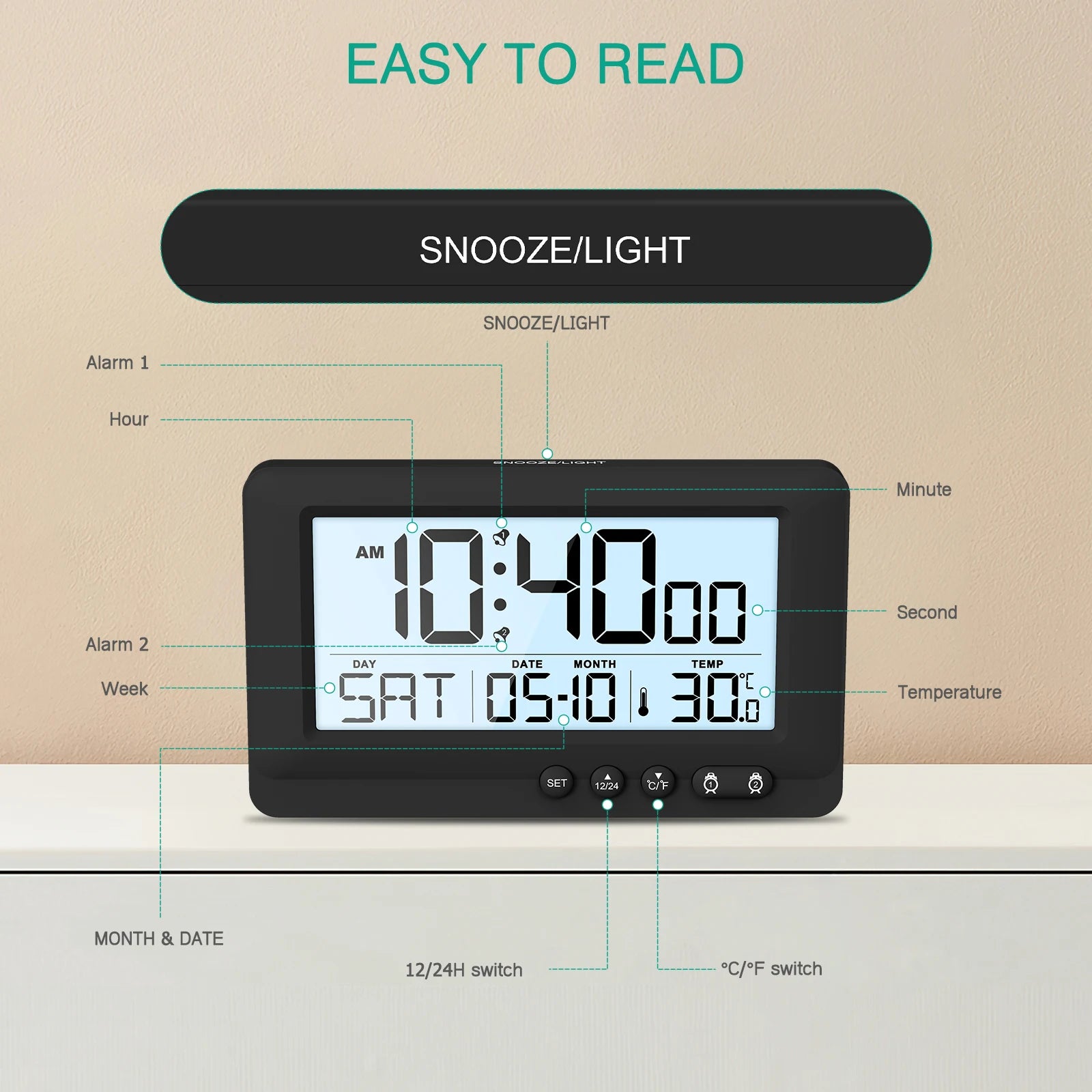 ORIA Digital Travel Alarm Clock with LCD, Dual Alarms & Calendar for Bedroom Office